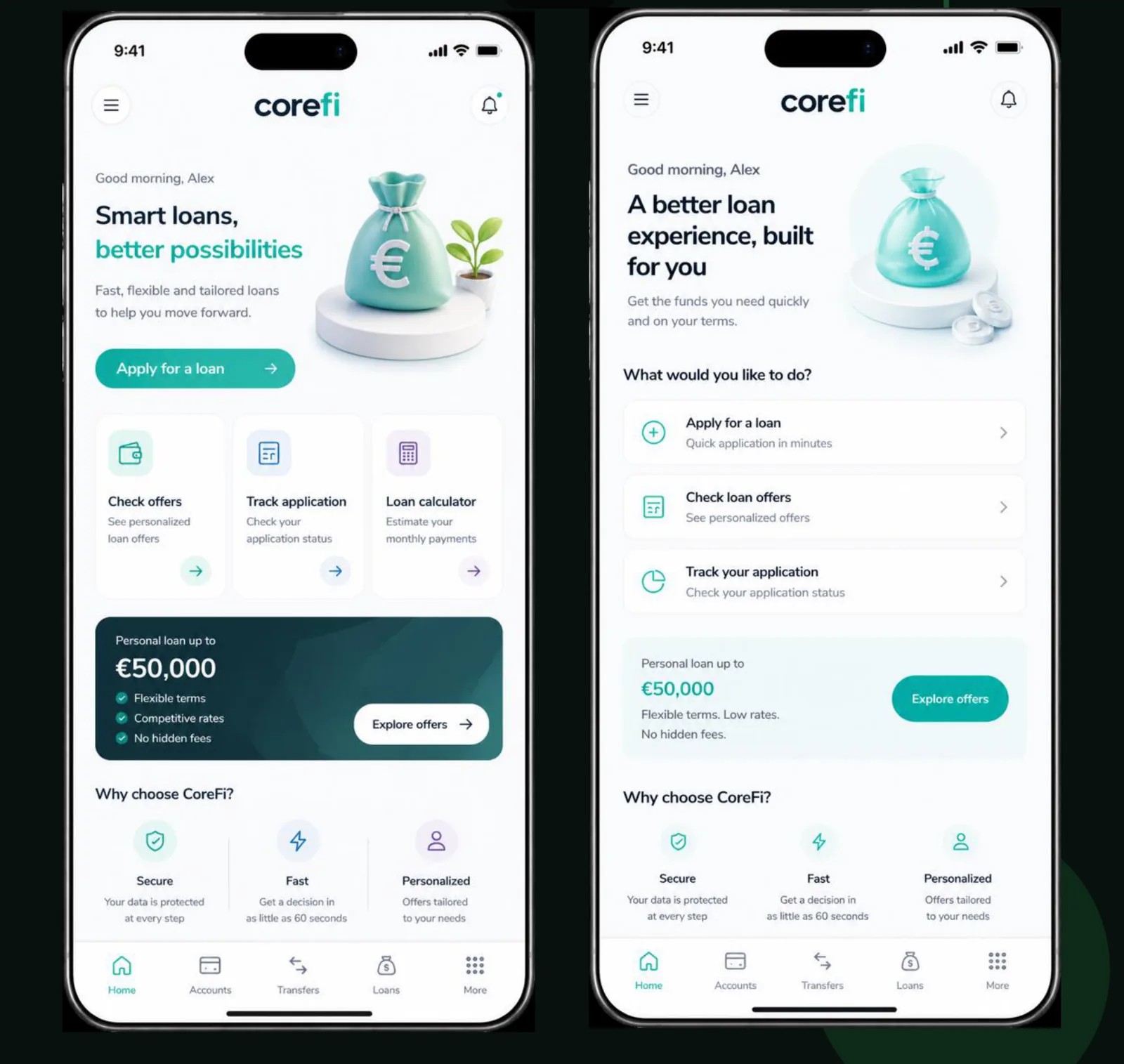 CoreFi Agentic AI Digital Lending mobile app: two illustrative screens showing a personalized loan home and a loan actions menu.