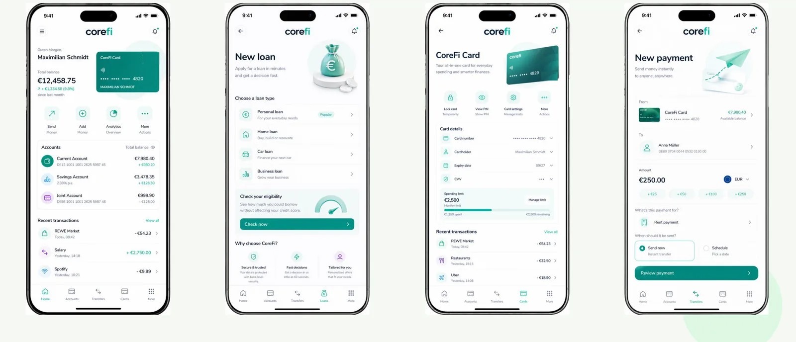 CoreFi White Label mobile banking: four illustrative app screens covering account overview, new loan, card management and a new payment flow.